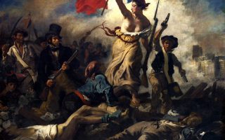 an image of a painting of a woman holding a flag