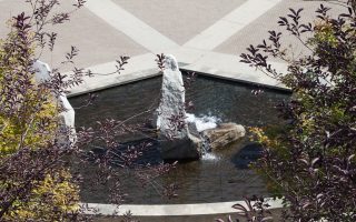 an image of a fountain with a rock in it surrounded by trees