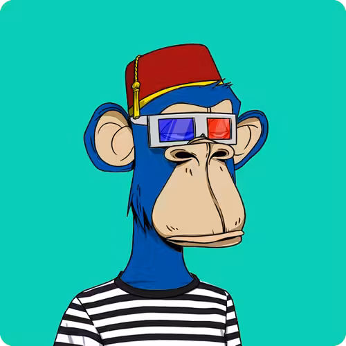 An ape with blue fur wearing a black and white stripes shirt and a fez stared forward boredly, also sporting a pair of red and blue 3D glasses