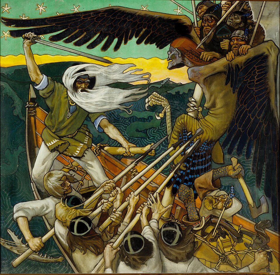 A group of soldiers in a boat thrust spears into the side of a flying harpy-like creature, and a white-bearded man, the central hero, wields a sword.